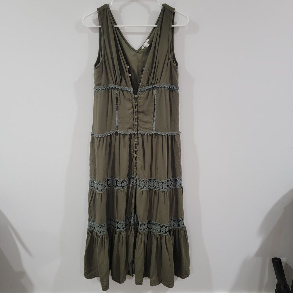Olive Lace-Trim V-Neck Tiered Maxi Dress